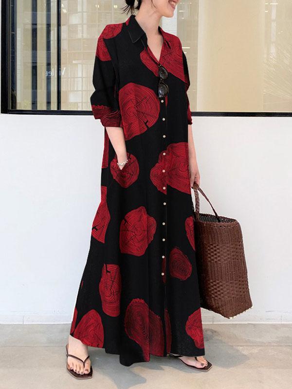 Long Sleeves Loose Printed Split-Joint Lapel Maxi Dresses Shirt Dress Product Image