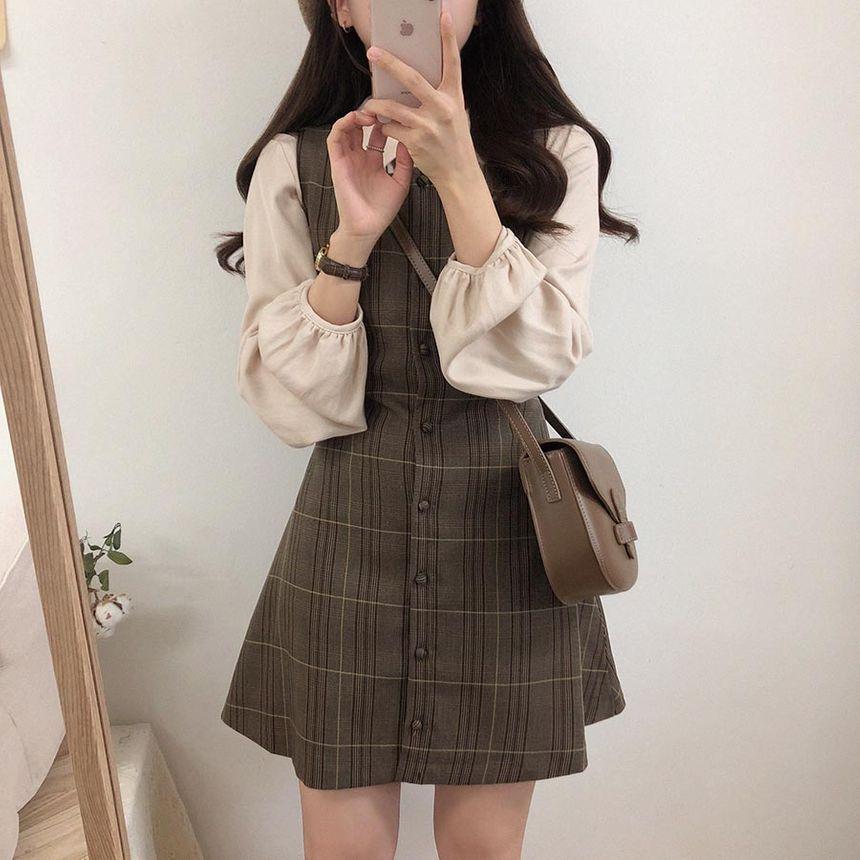 Long-Sleeve Blouse / Plaid Mini Buttoned Overall Dress Product Image