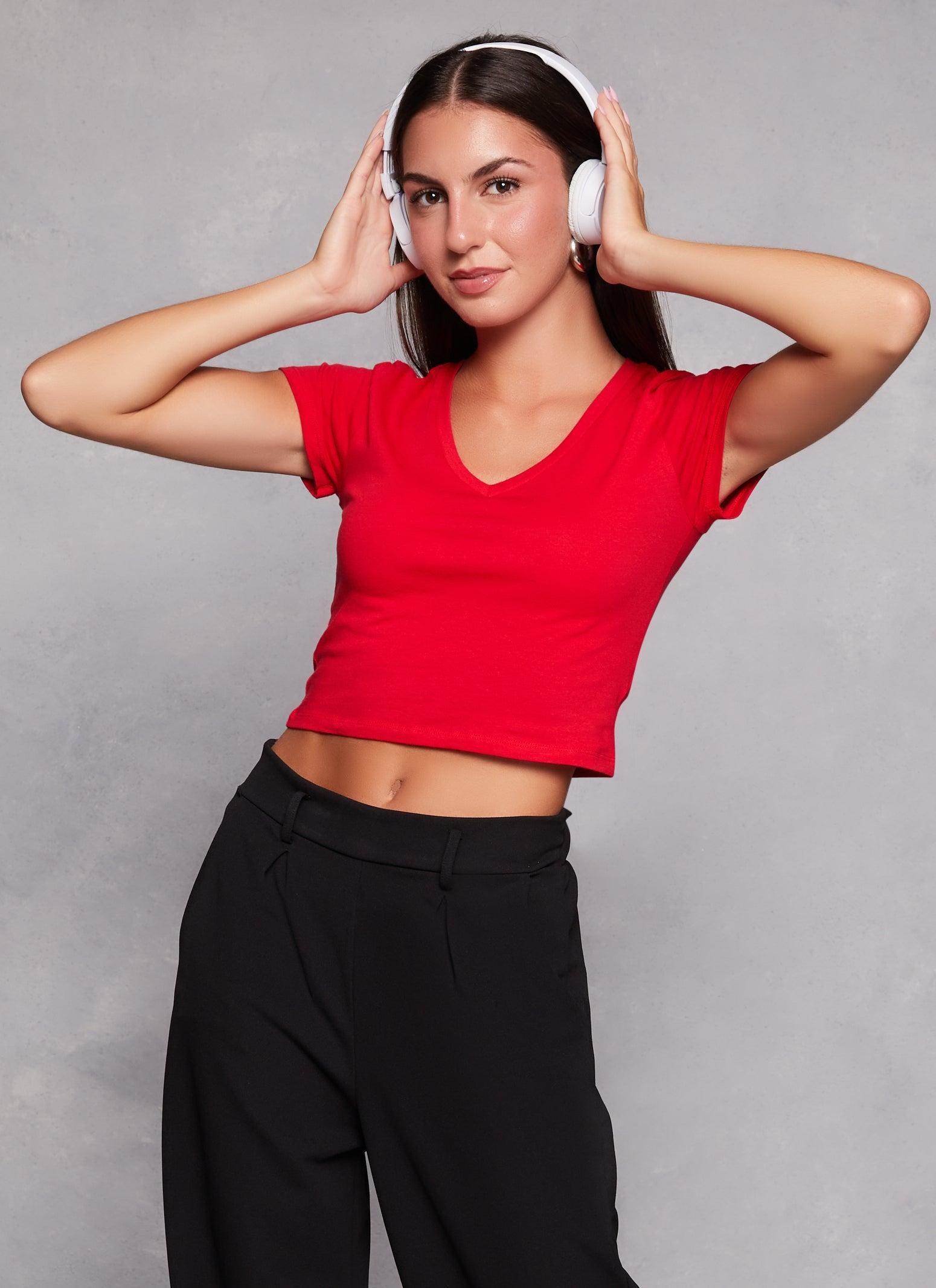 Womens Solid Cropped V Neck Tee Product Image