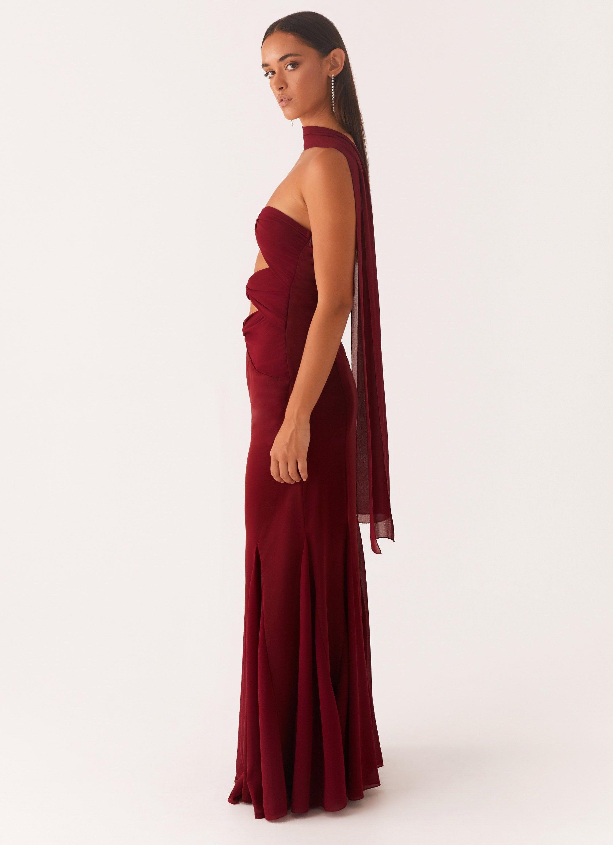 Melrose Satin Chiffon Maxi Dress - Deep Red Product Image