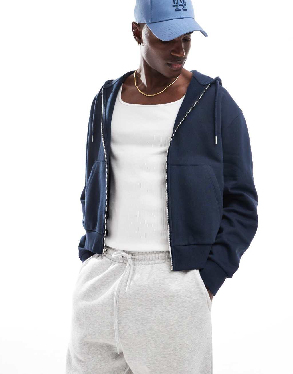 ASOS DESIGN essential boxy oversized zip up hoodie in navy Product Image