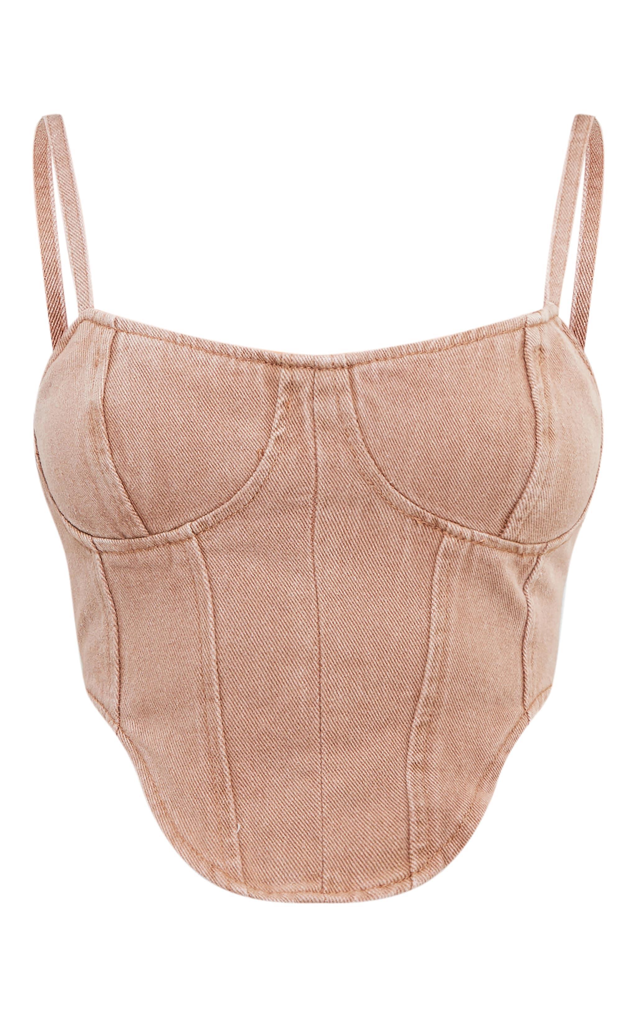 Washed Taupe Dipped Hem Denim Corset Top Product Image