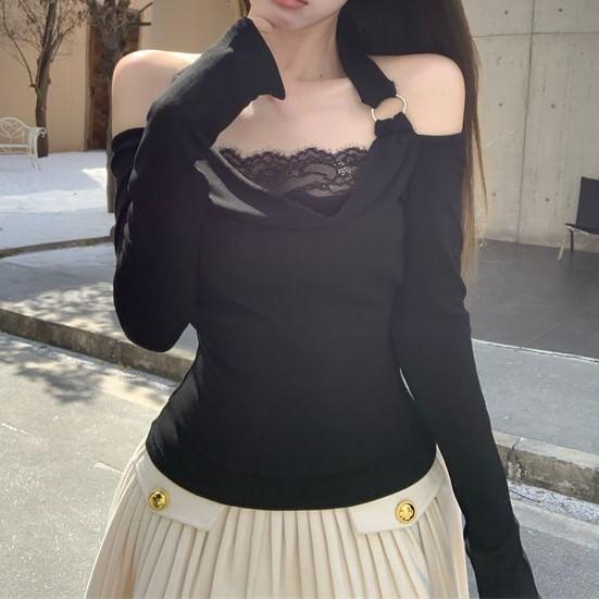 Long-Sleeve Halter Neck Cold Shoulder Plain Crop Top Product Image