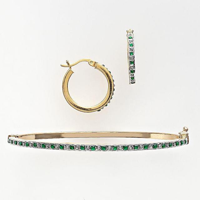 18k Gold Over Silver Emerald & Diamond Accent Bangle Bracelet & Hoop Earring Set, Womens Product Image