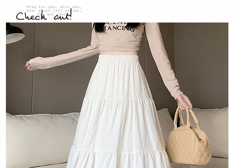 Elastic Waist Plain Tiered Ruffle Trim Midi A-Line Skirt Product Image