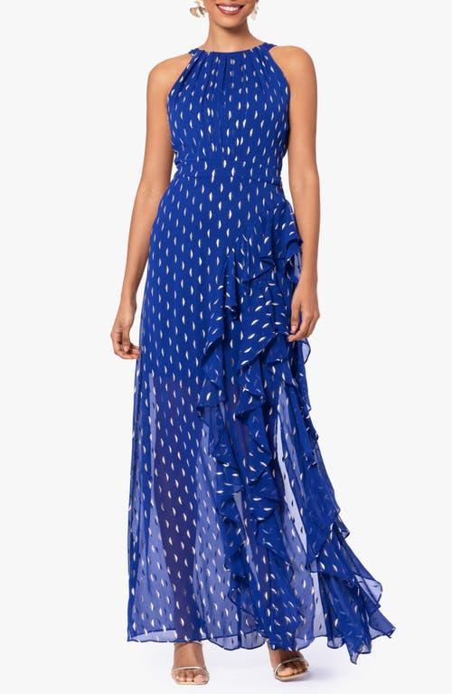 Betsy & Adam Metallic Clip Dot Ruffle Halter Neck Chiffon Gown Product Image