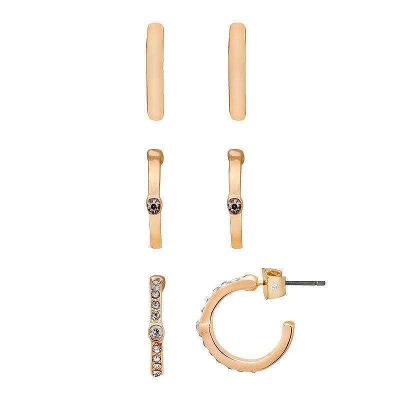 LC Lauren Conrad Gold Tone Simulated Crystal Nickel Free 3-Pair Hoop Earring Set, Womens Product Image