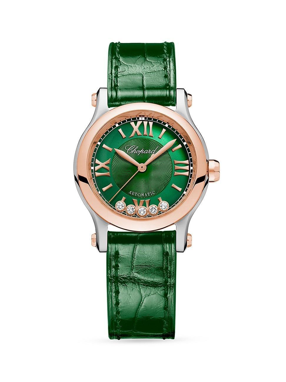 Womens Happy Sport 18K Rose Gold, Stainless Steel, Diamond, & Alligator Leather Strap Watch Product Image