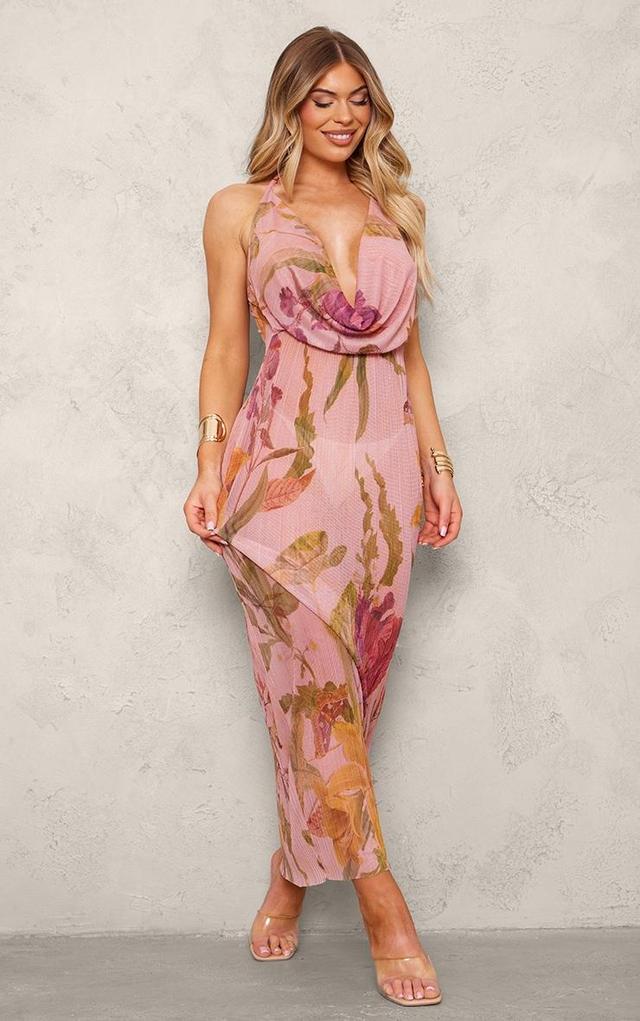 Pink Print Sheer Plisse Cowl Neck Maxi Dress Product Image