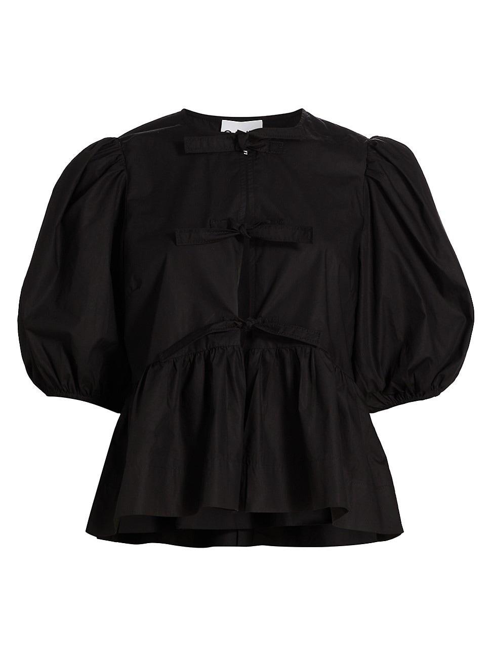 Poplin Front-Tie Peplum Blouse with Puffed-Sleeves Product Image