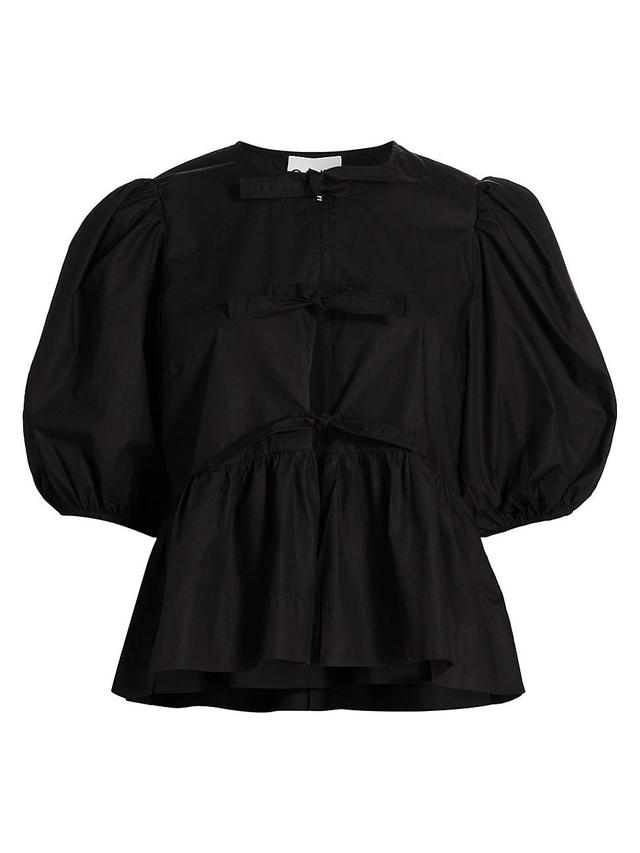 Poplin Front-Tie Peplum Blouse with Puffed-Sleeves Product Image