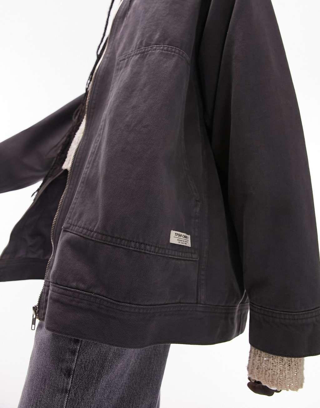 Topshop oversized zip through jacket in charcoal Product Image