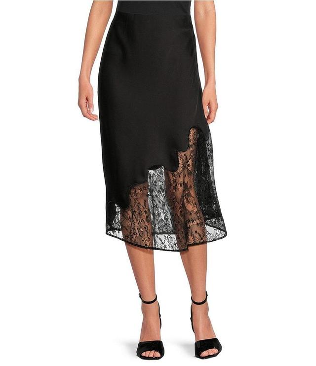 Skies Are Blue Satin Lace Asymmetrical Hem Pull-On Midi Skirt Product Image