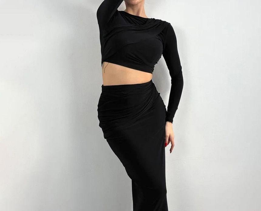 Set: Long-Sleeve Crew Neck Plain Asymmetrical Crop Slim Fit T-Shirt + High Waist Midi Pencil Skirt Product Image