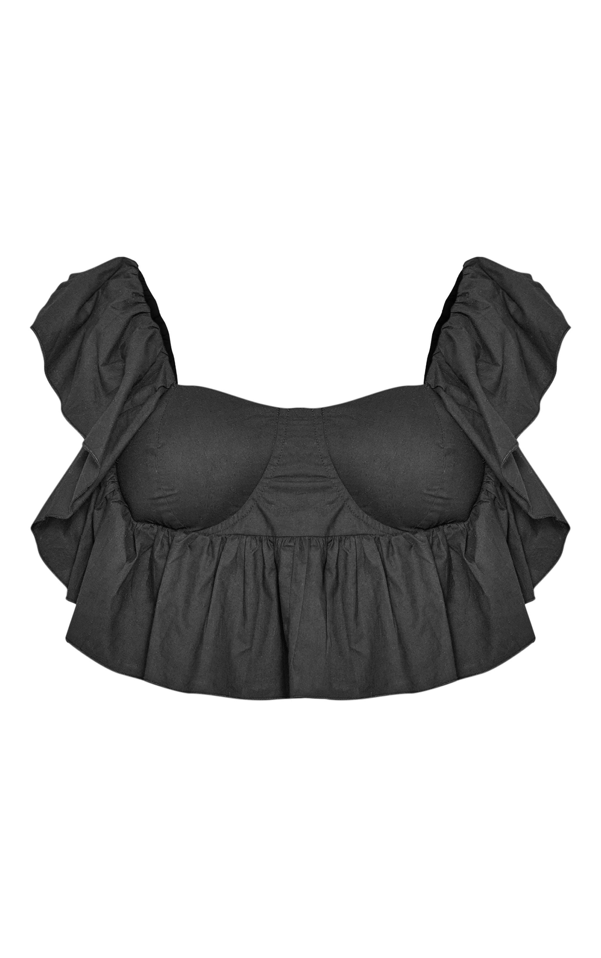 Petite Black Padded Cup Cotton Frill Detail Crop Top Product Image