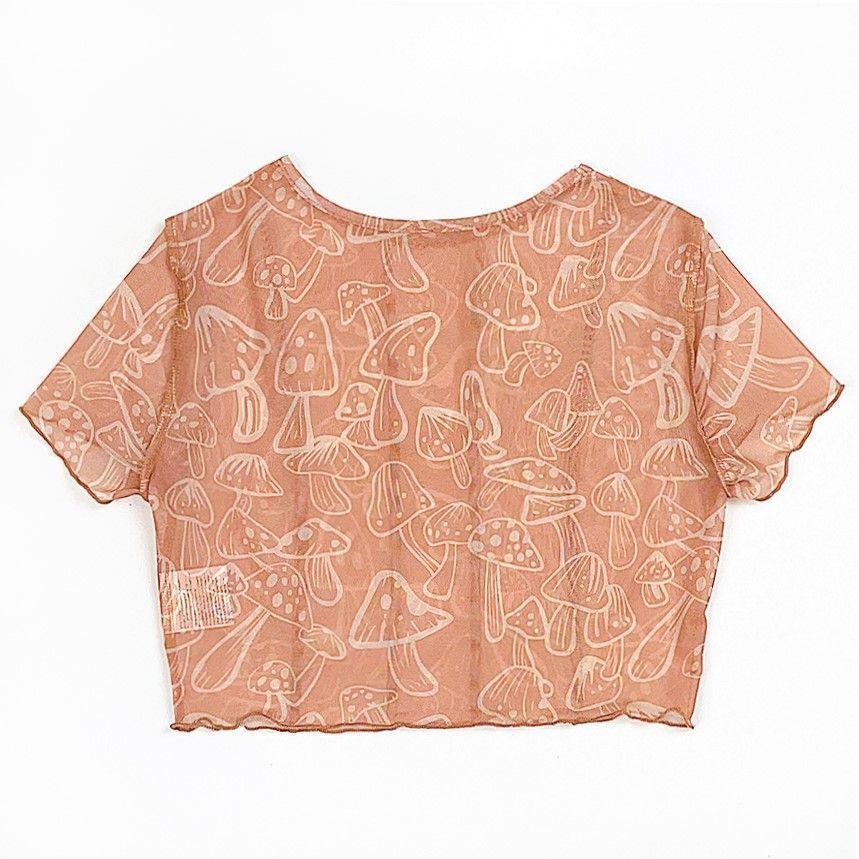 Short-Sleeve Mesh Ruffle Trim Mushroom Print Crop Top Product Image