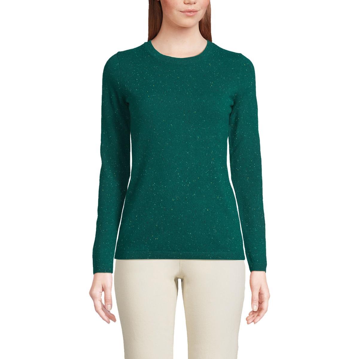 Petite Lands End Crewneck Cashmere Sweater, Womens Green Donegal Product Image