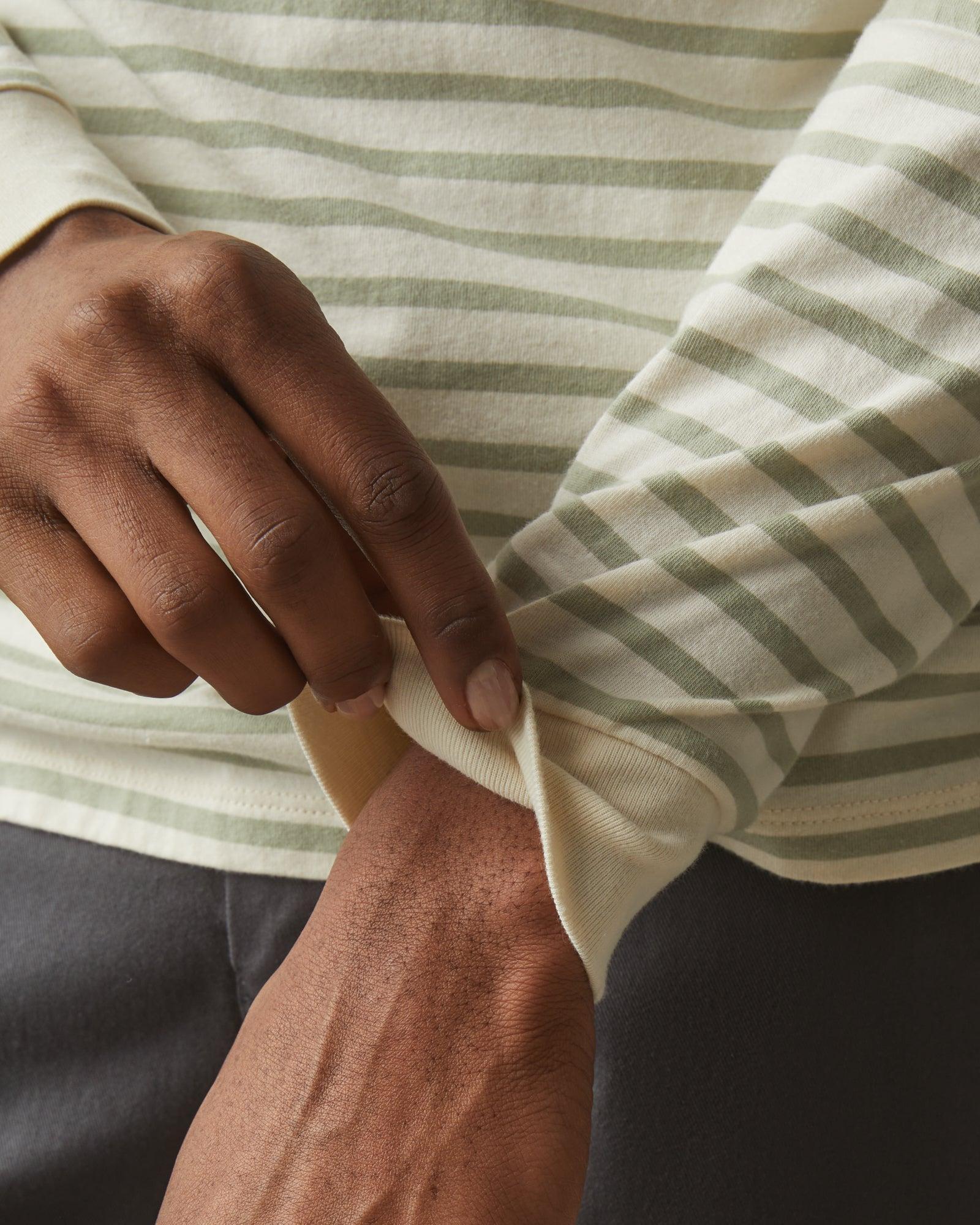 Striped Classic Cotton Crew Tee Long Sleeve - Turtledove/Eucalyptus  Product Image