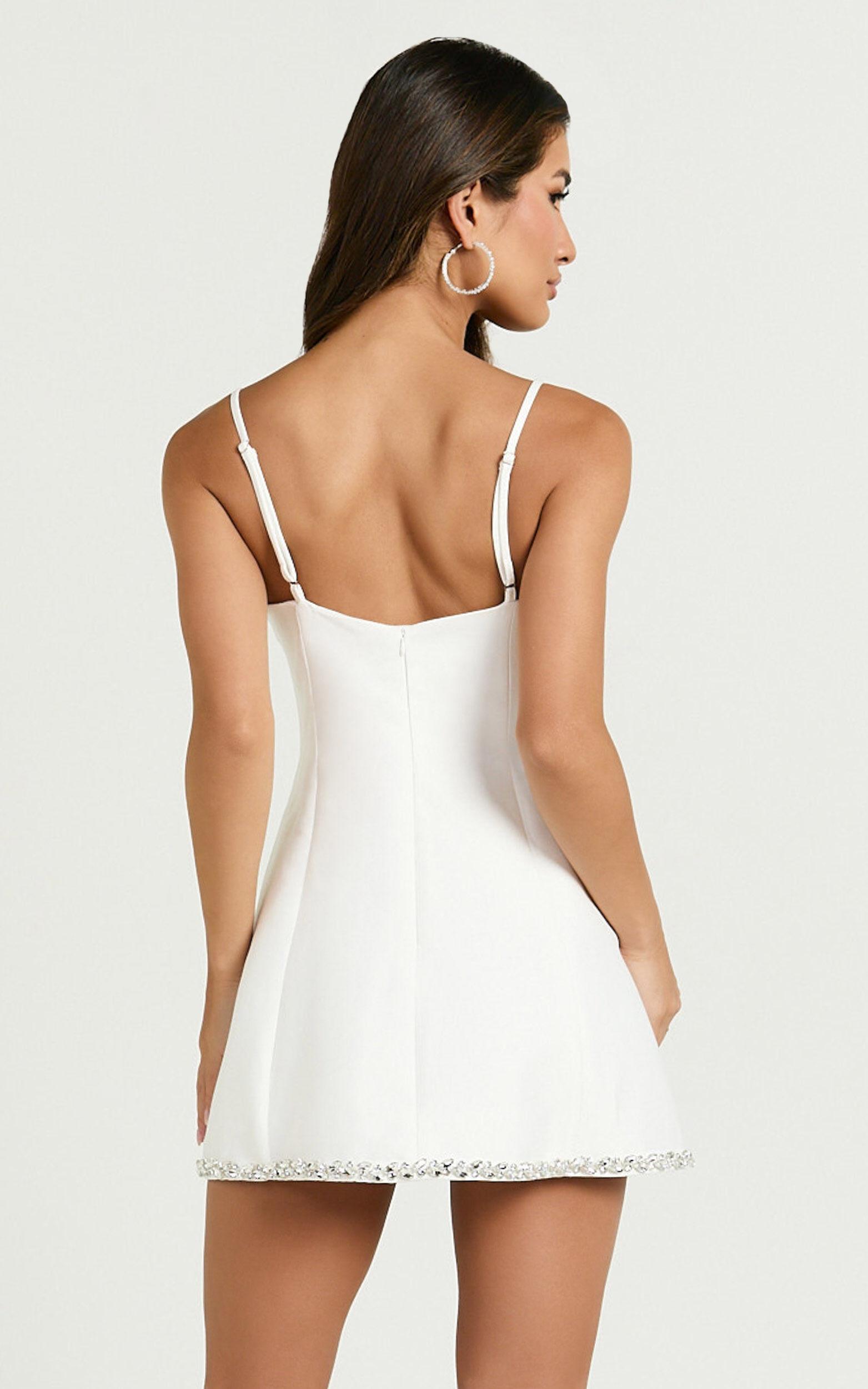 Violetta Mini Dress - Diamante Trim Plunge Front Dress in Off White Product Image