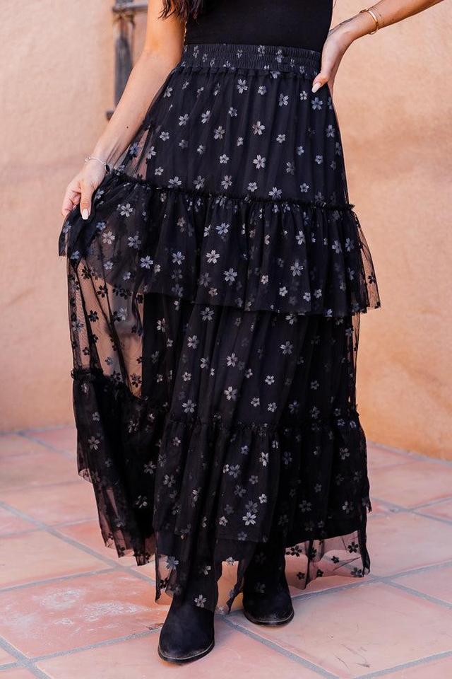 California Dreaming Black Flower Tulle Maxi Skirt FINAL SALE Product Image