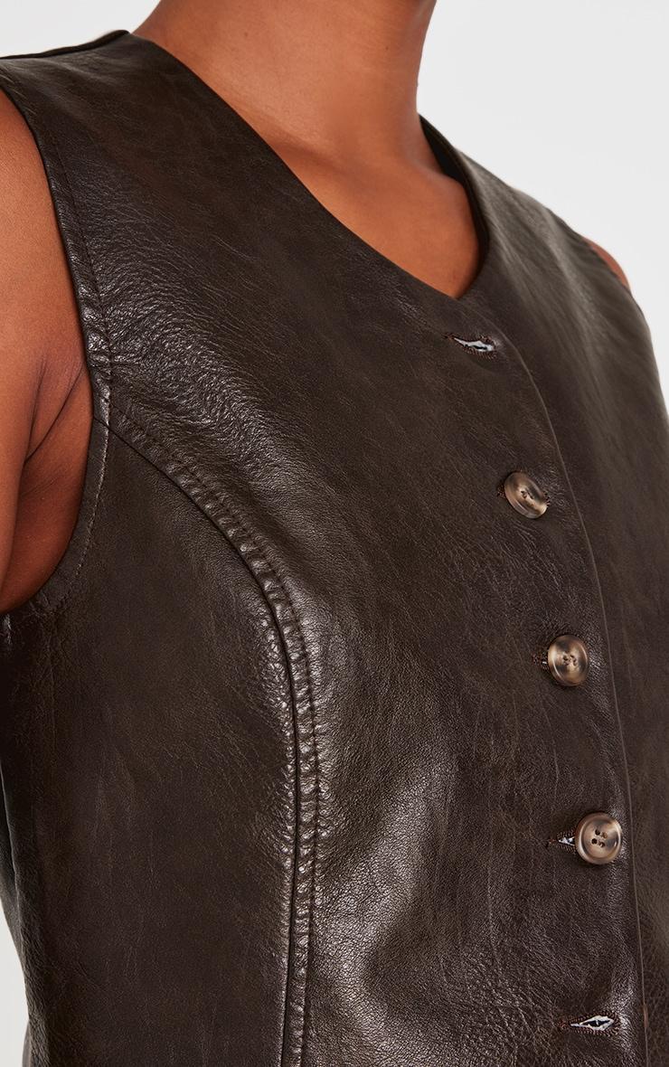 Brown Faux Leather Long Line Button Up Vest Product Image