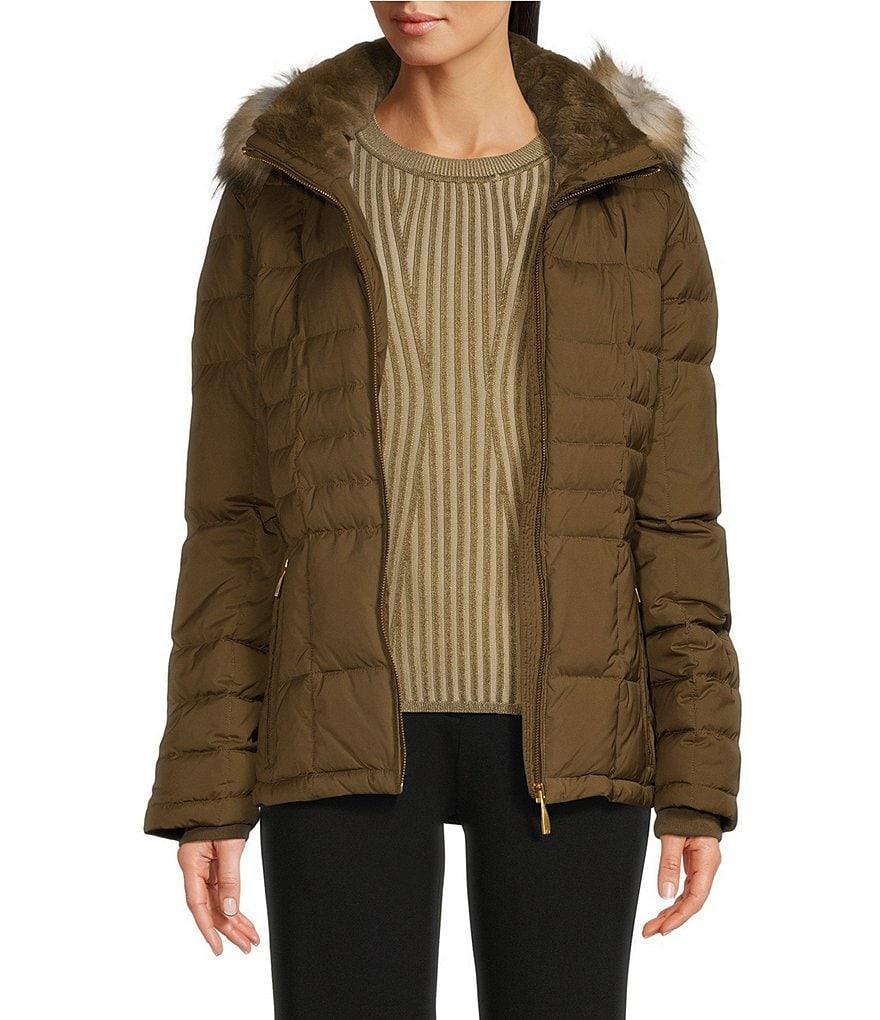 Donna Karan Quilted Faux Fur Hooded Long Sleeve Water Resistant Puffer Coat Product Image