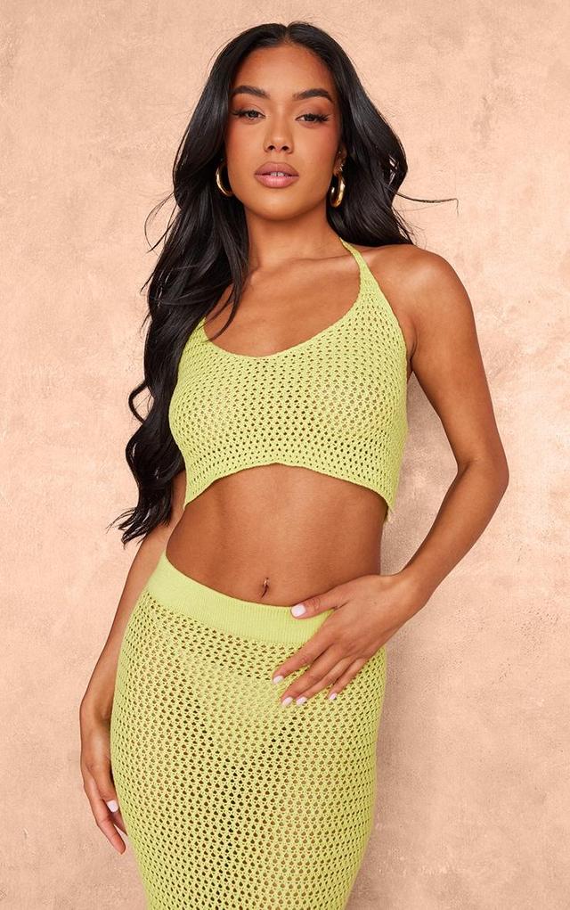 Light Lime Crochet Plain Knit Halterneck Crop Top Product Image