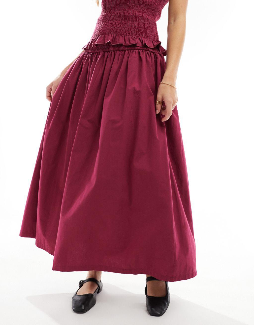 ASOS DESIGN poplin shirred waist maxi skirt in burgundy - part of a set Product Image