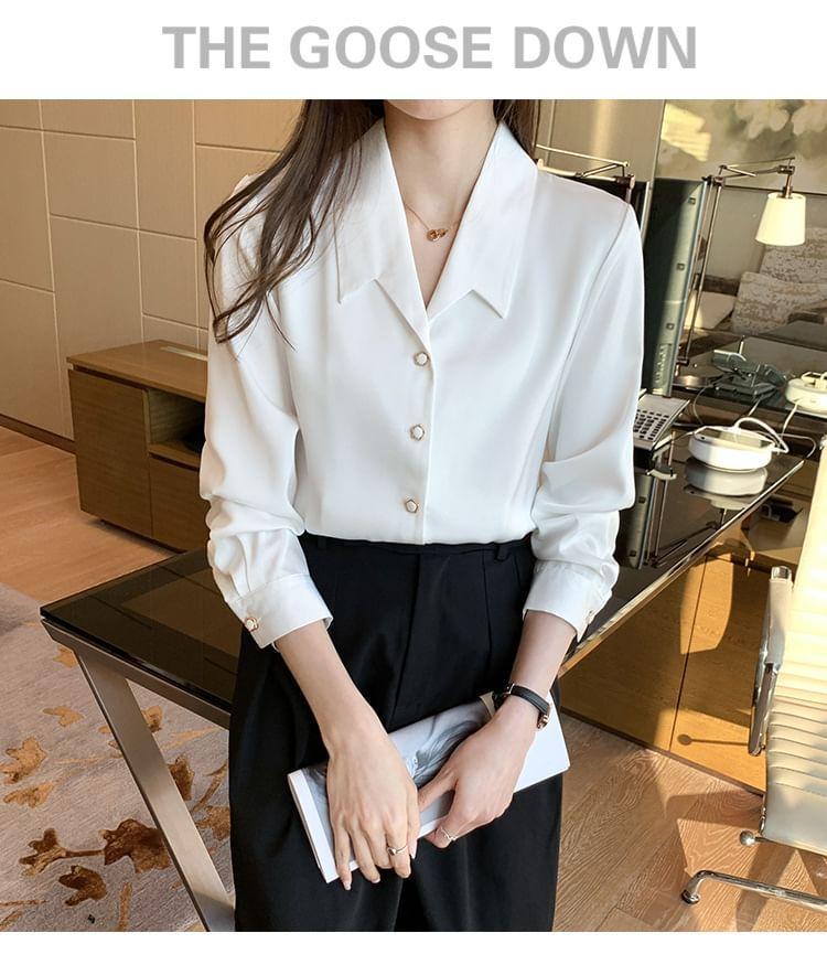 Long-Sleeve V-Neck Plain Shirt Product Image