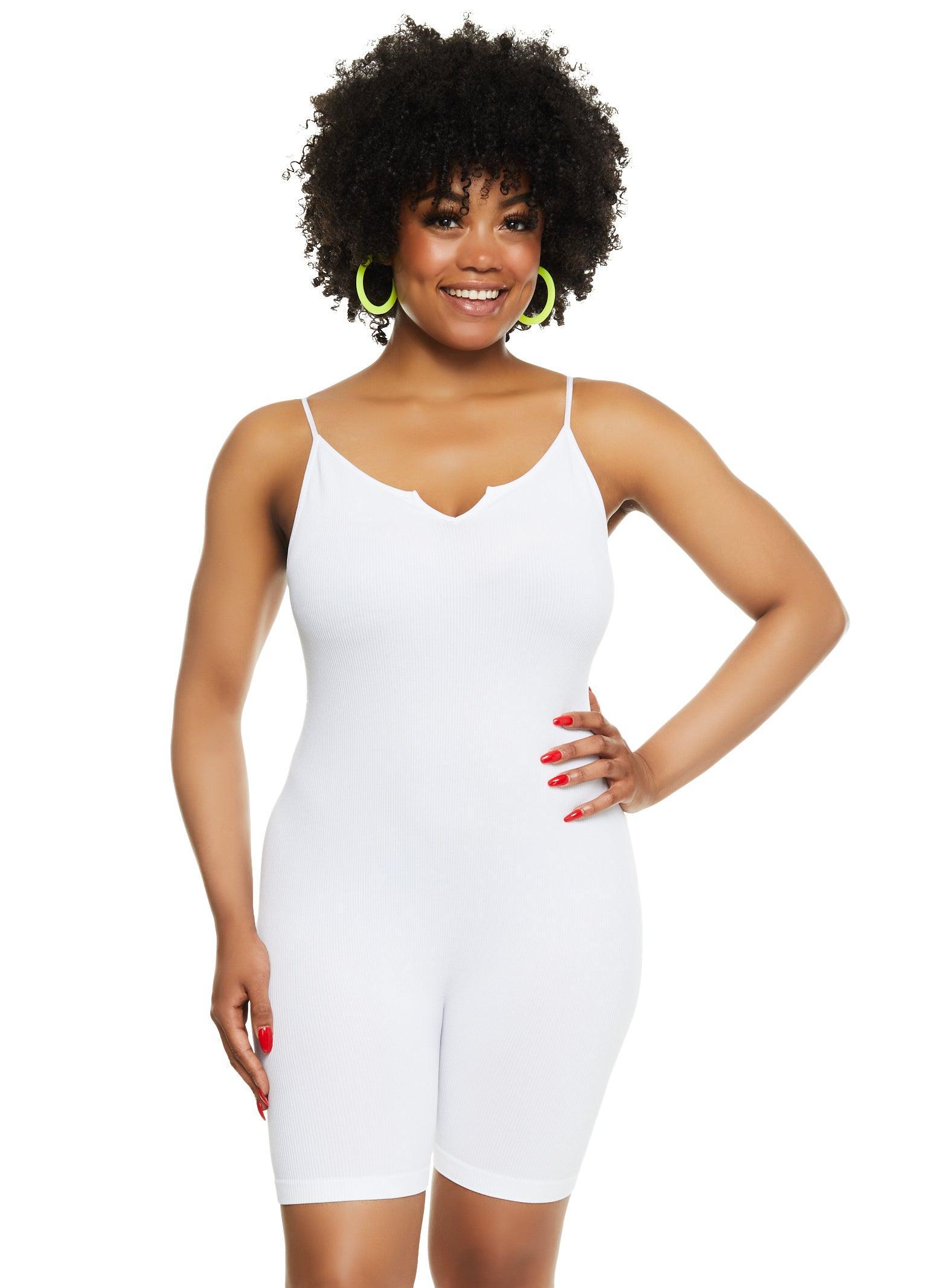 Womens Plus Size Seamless Ribbed Notch Neck Cami Romper Product Image