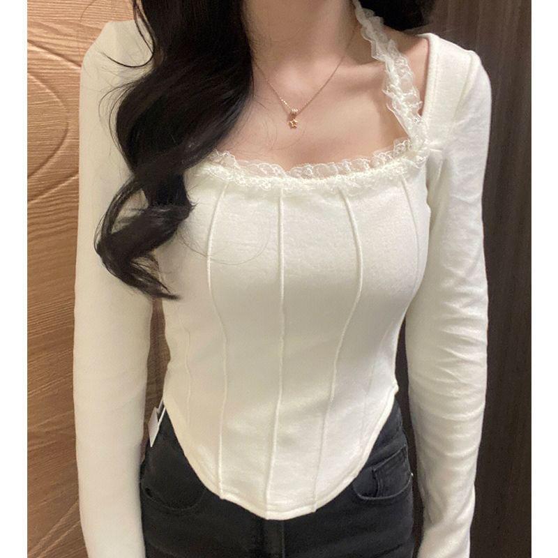 Long-Sleeve Plain Lace Trim Asymmetrical T-Shirt Product Image