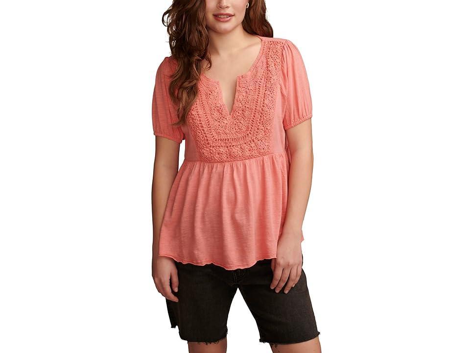 Lucky Brand Womens Crochet-Yoke Short-Sleeve Babydoll Top Product Image