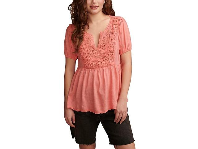 Lucky Brand Crochet Yoke Babydoll Top (Peach Blossom) Women's Clothing Product Image