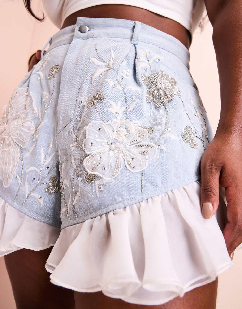 ASOS LUXE Curve embellished denim shorts with organza trim in mid wash blue Product Image