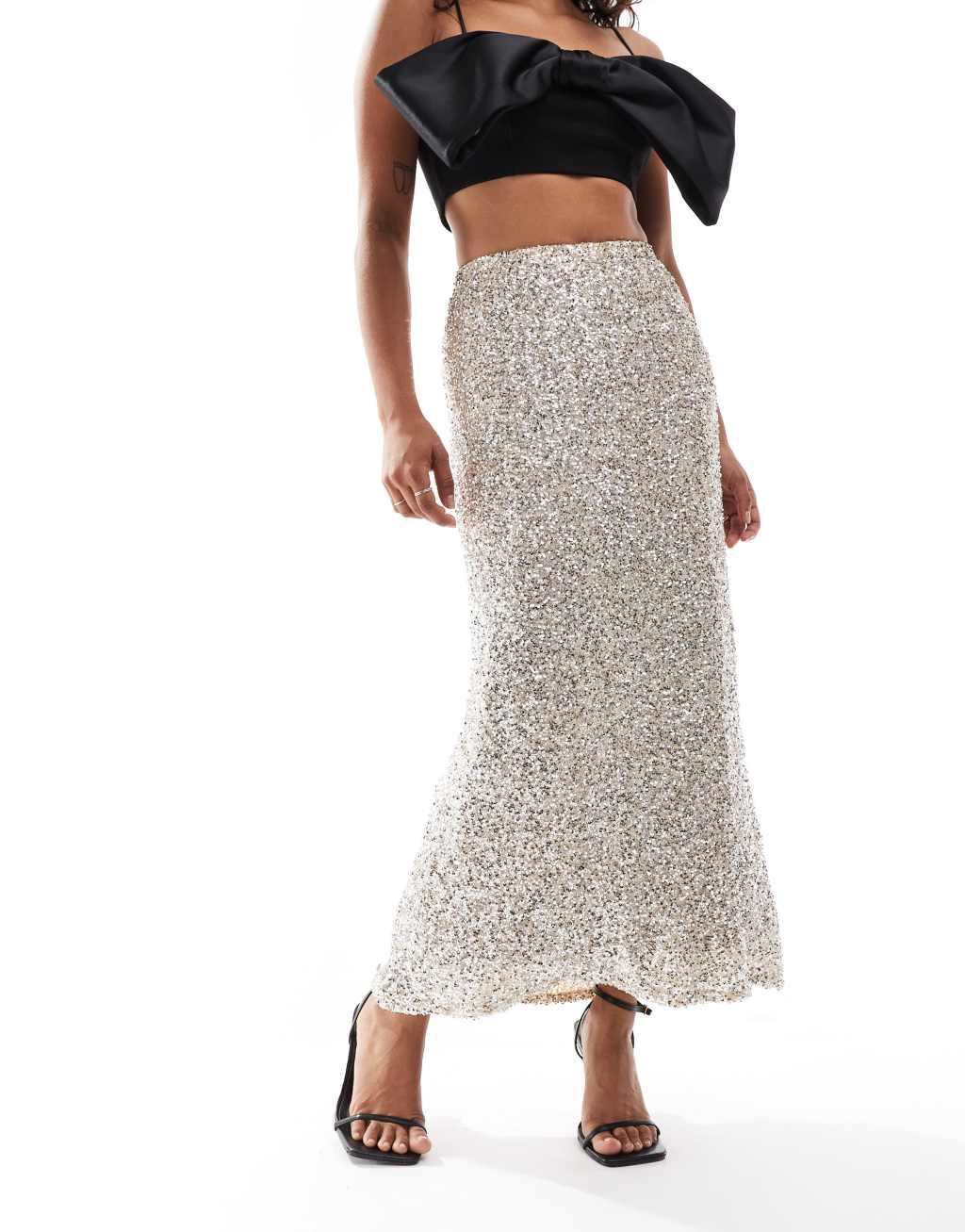 Never Fully Dressed Petite sequin maxi skirt in silver Product Image