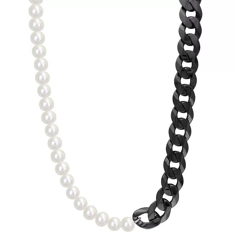 Stella Grace Mens Freshwater Cultured Pearl & Sterling Silver Black Ruthenium Plating Curb Link Chain Necklace Product Image