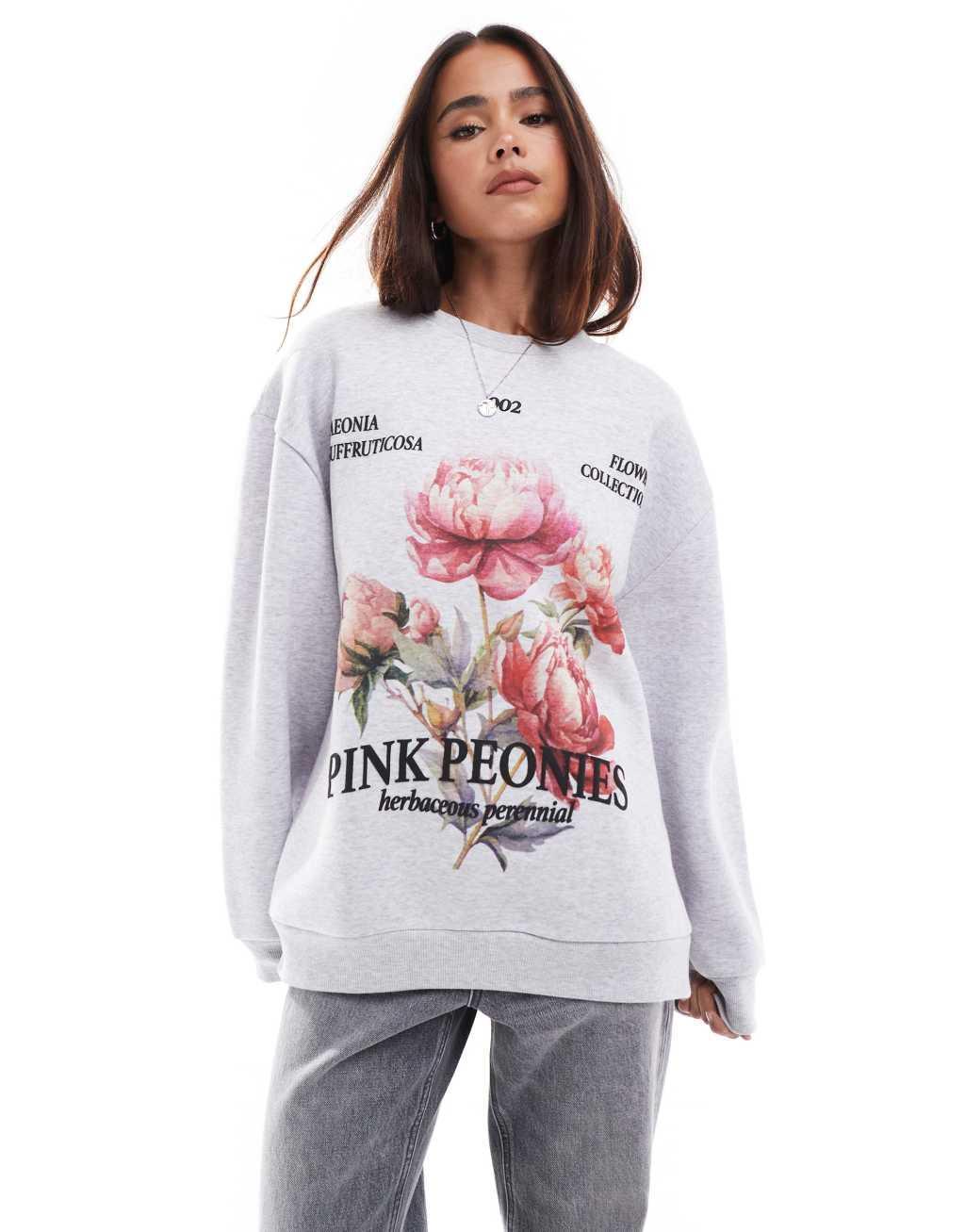 ASOS DESIGN sweatshirt with peony graphic in heathered ice Product Image