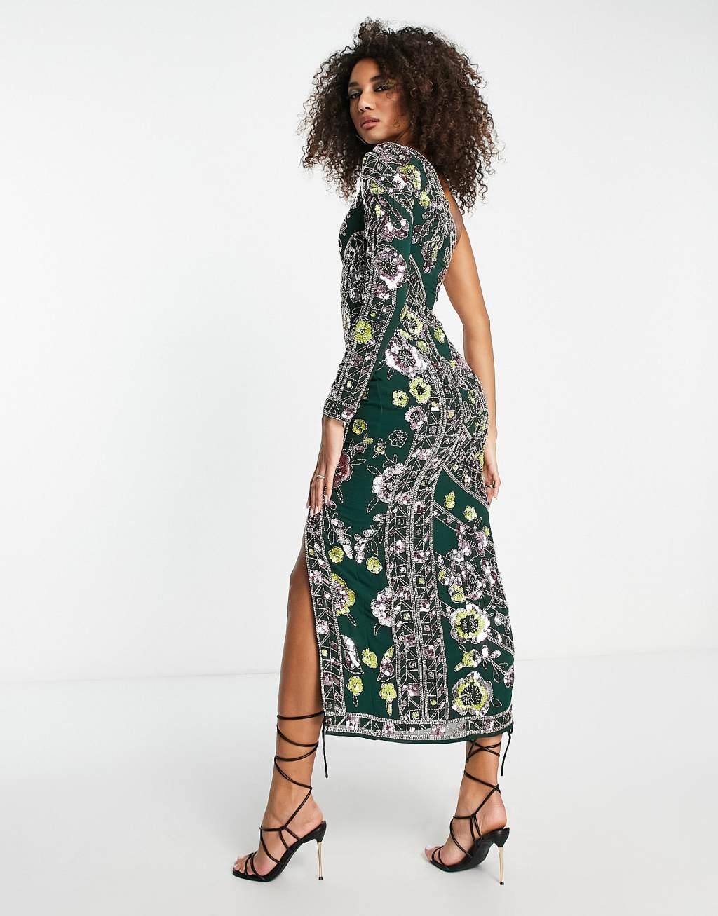 ASOS DESIGN multi floral embellished one sleeve midi dress with side slit in dark green Product Image