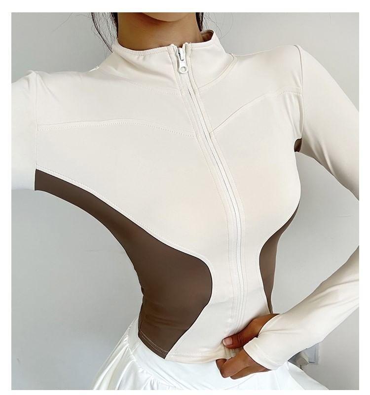 Stand Collar Two Tone Cropped Sport Zip Jacket Product Image