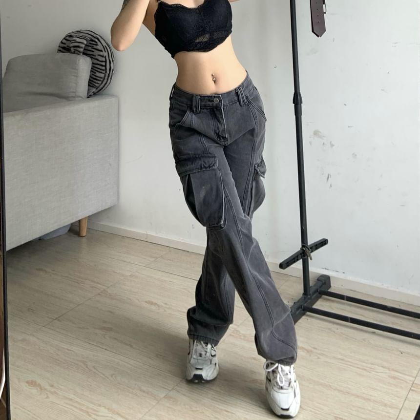 Plain High Waist Loose Fit Cargo Pants Product Image