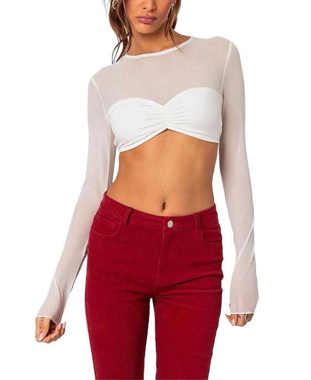 EDIKTED Night Out Long Sleeve Illusion Neck Crop Top Product Image