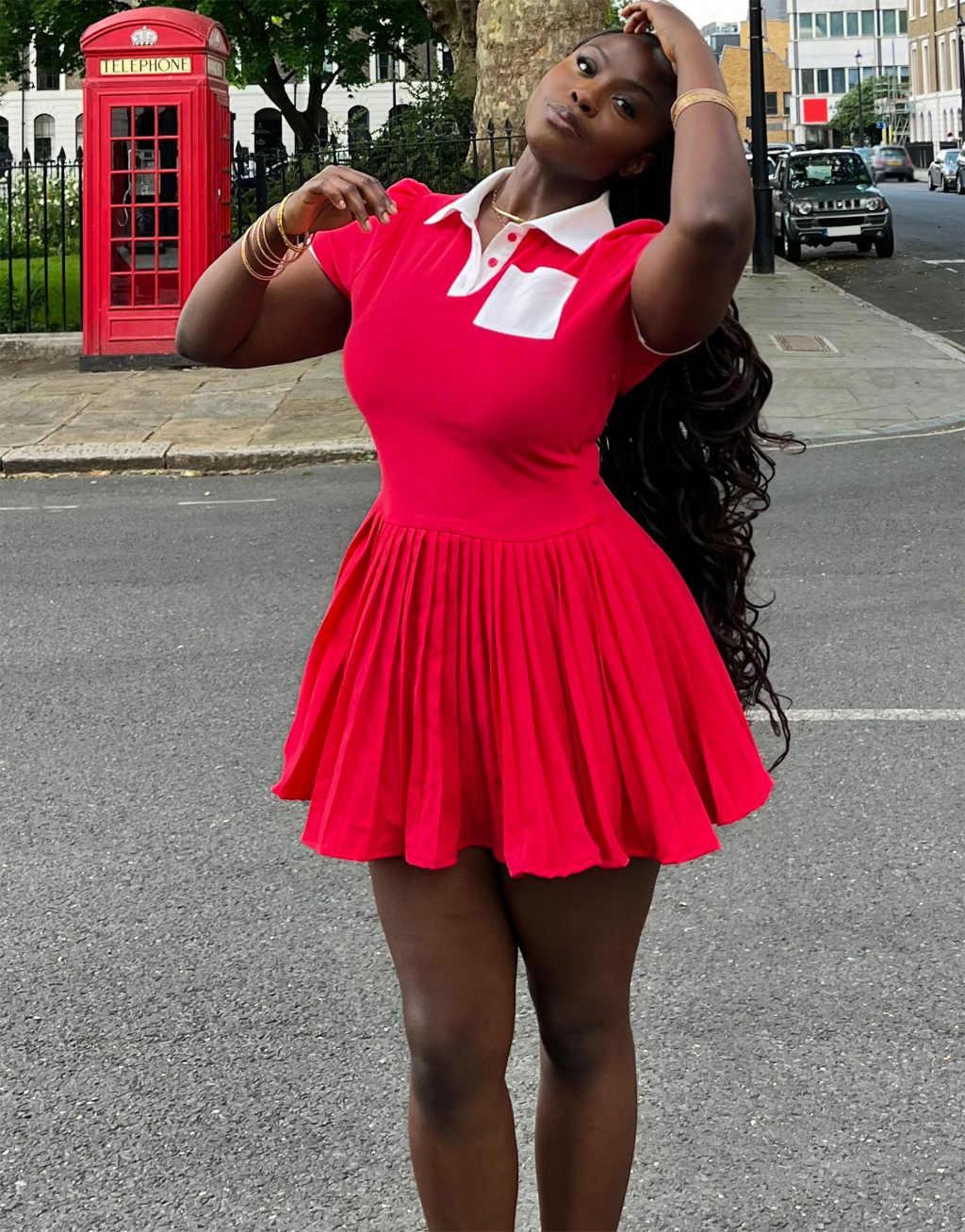 Labelrail x Sumbo Owoyele pleated skirt polo shirt mini dress in red Product Image