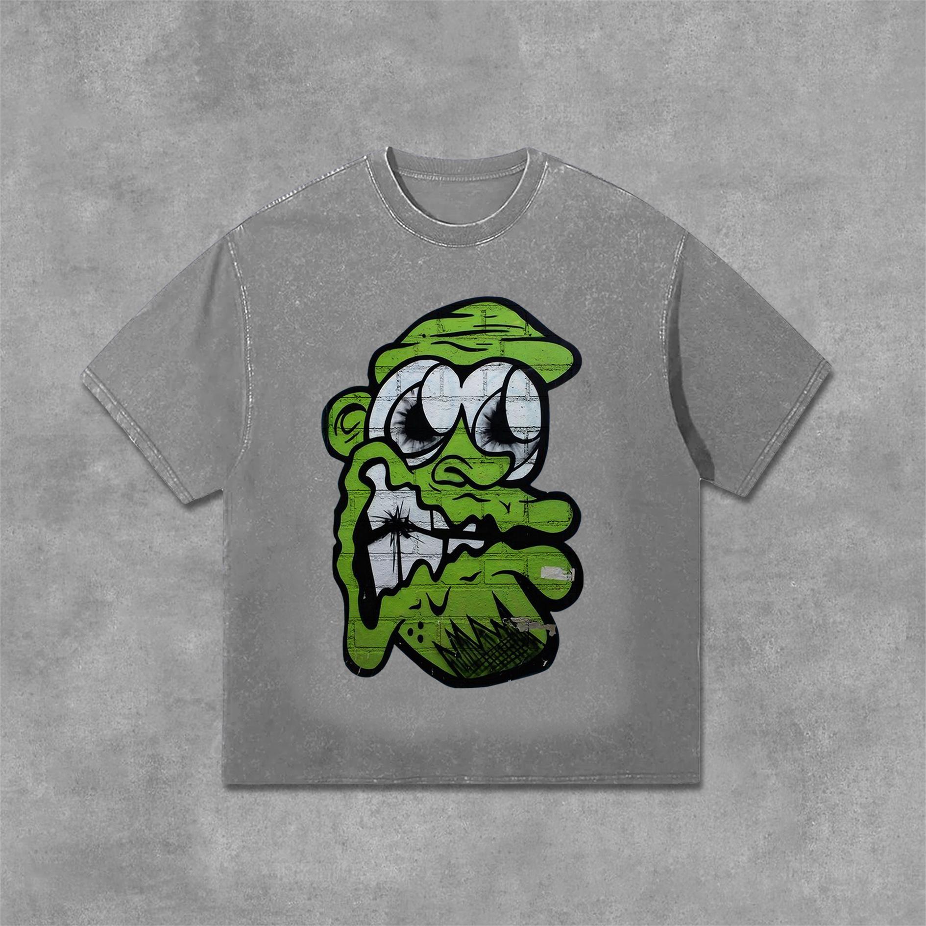 Vintage Cartoon Monster Graphic Print Acid Washed T-Shirt Product Image