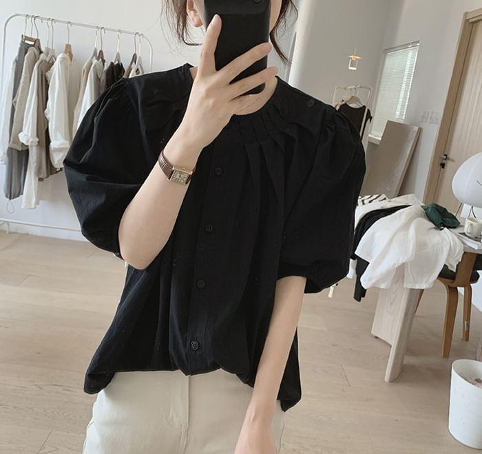 Puff-Sleeve Crew Neck Plain Blouse Product Image