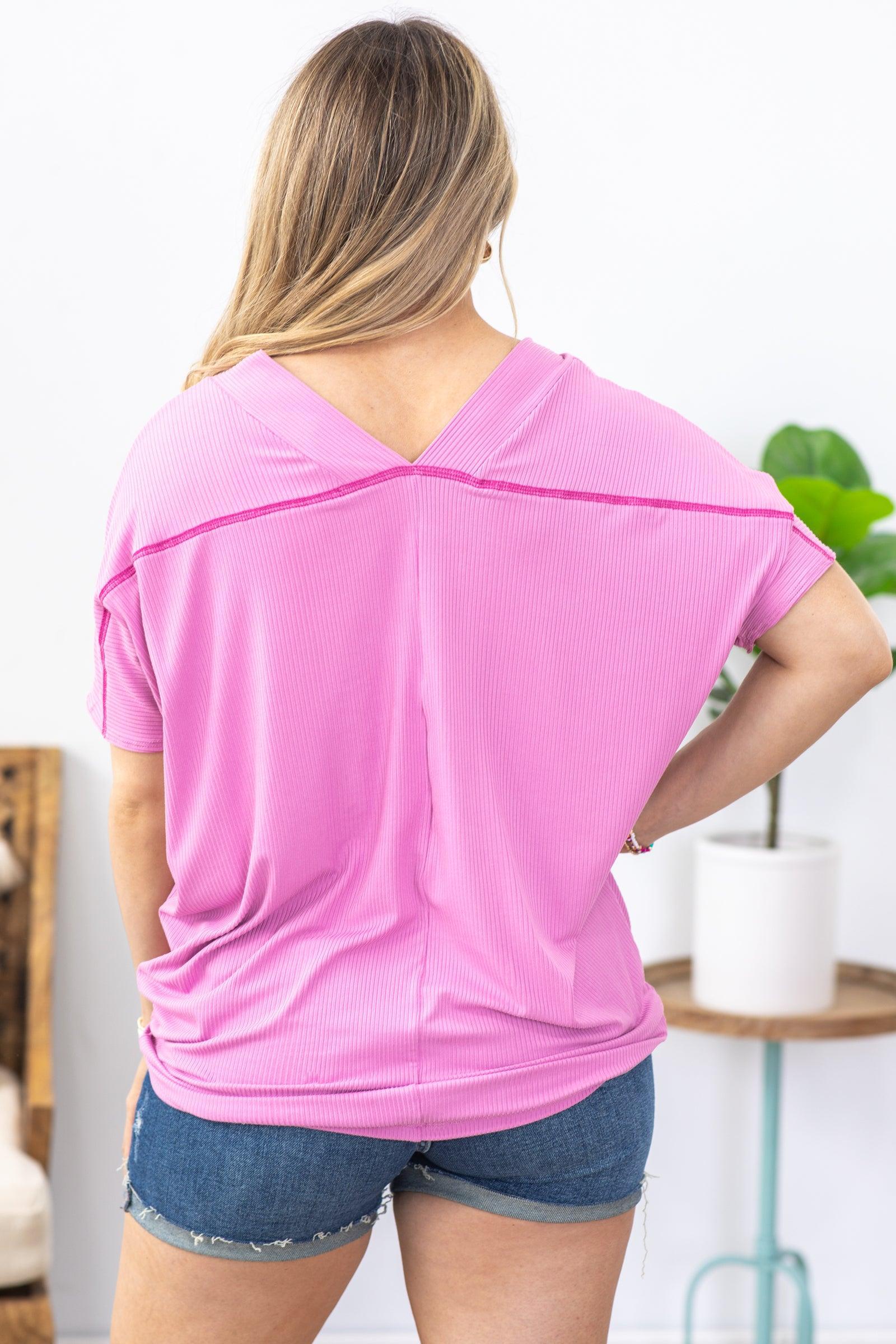 Dusty Pink V-Neck Rib Exposed Seam Knit Top Product Image