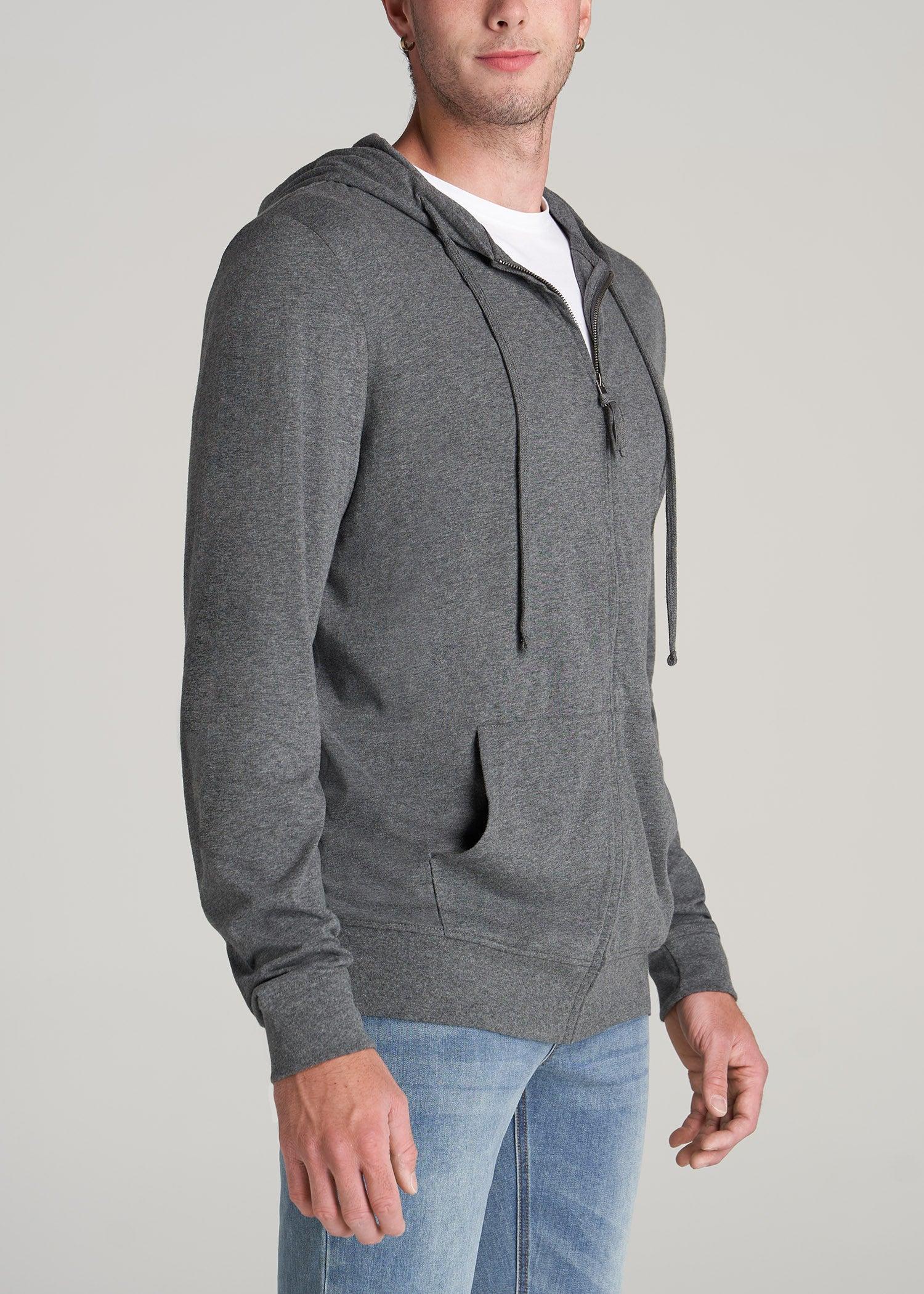 Long Sleeve Full Zip Jersey Hoodie for Tall Men in Charcoal Mix Male Product Image