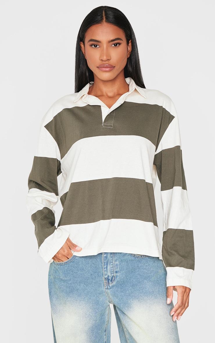  Forest Green Long Sleeve Collard Striped Top Product Image