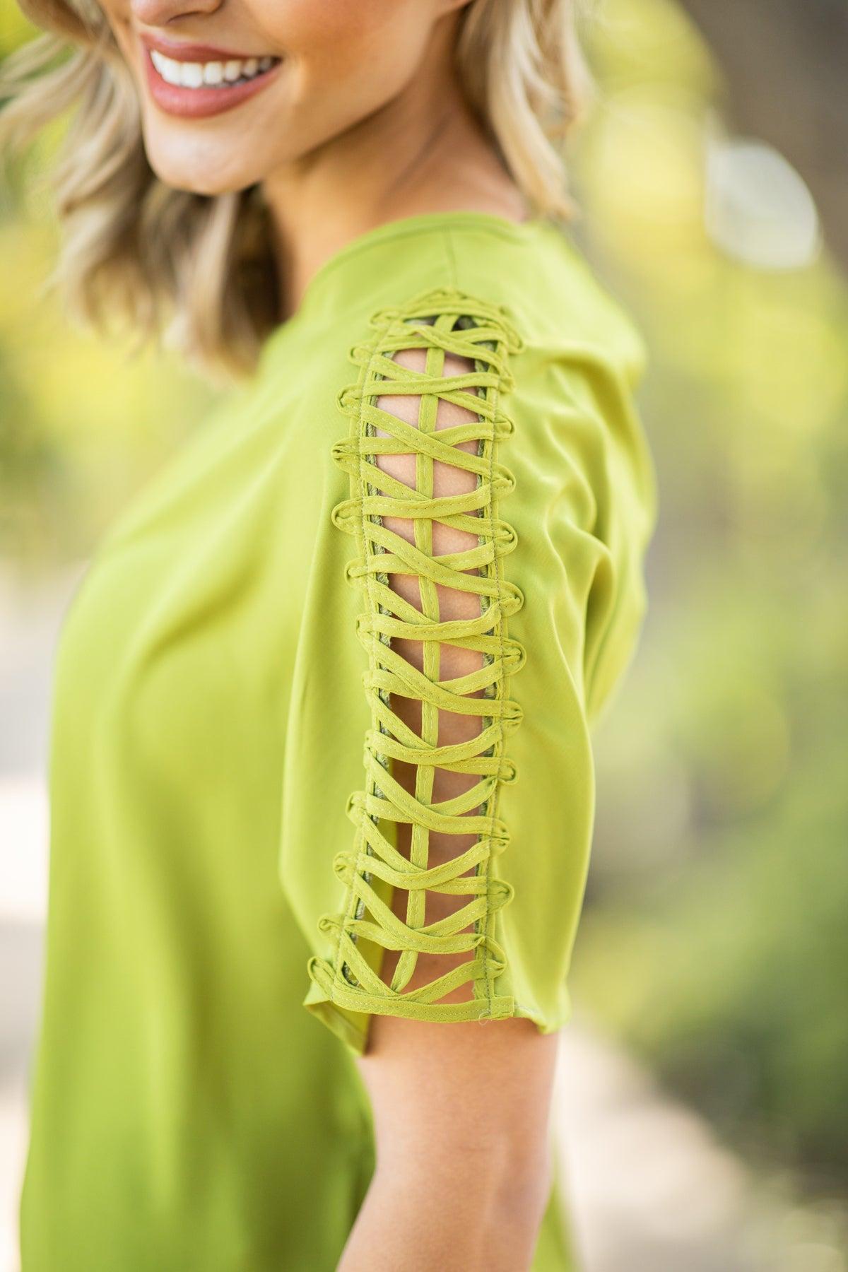 Light Olive Lattice Sleeve Top Product Image