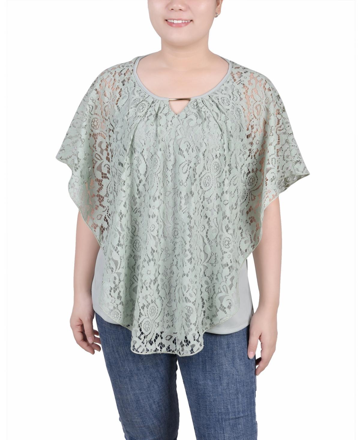 NY Collection Petite Floral Lace Knit Poncho Top -WHITE Product Image