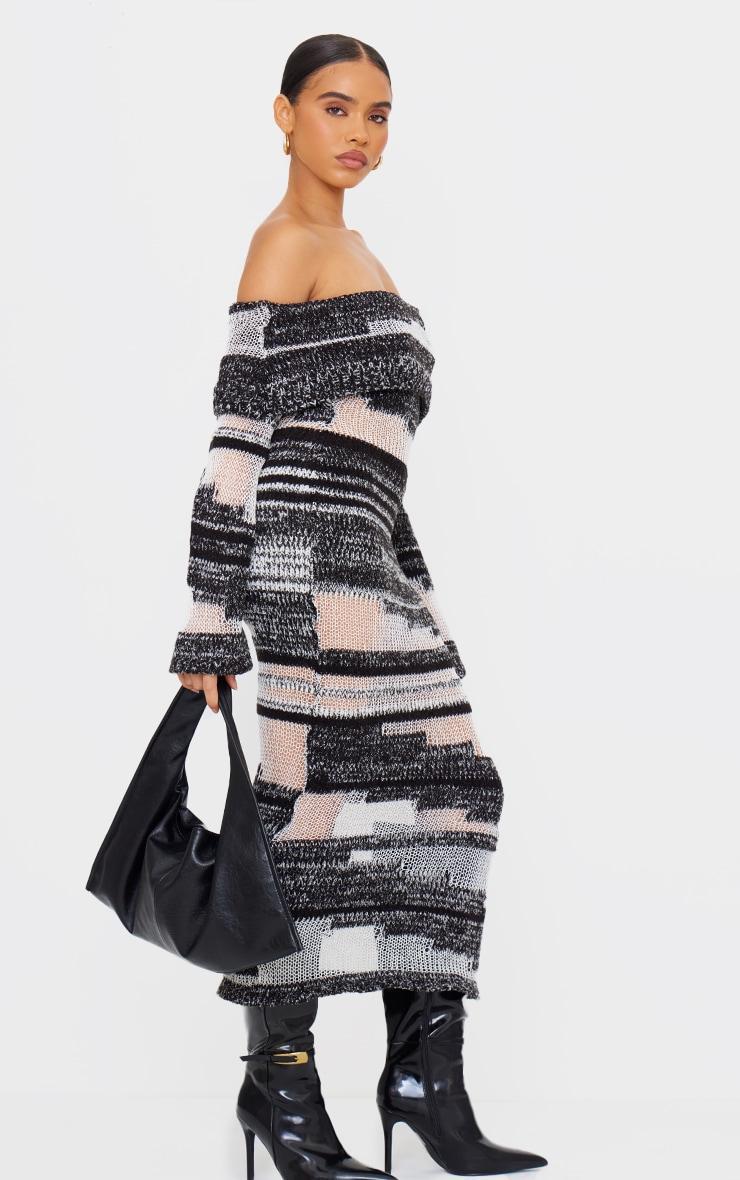 Monochrome Contrast Textured Knit Foldover Bardot Maxi Dress Product Image